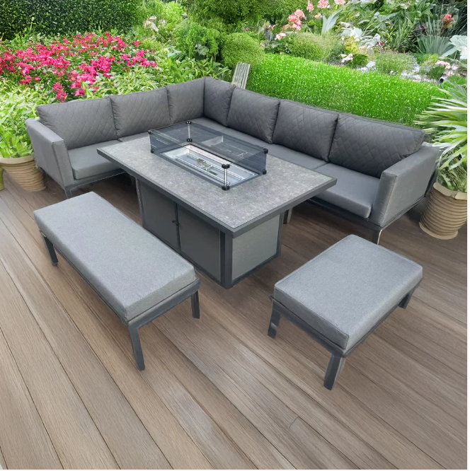L Shaped 9 Seater Grey Garden Patio Set + Fire Pit Table