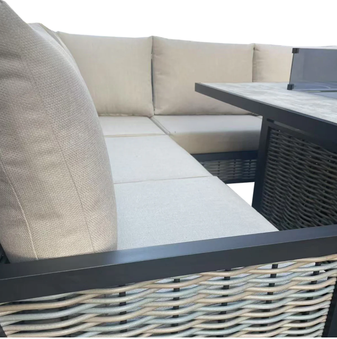 L Shaped 9 Seater Beige Rattan Patio Set With Square Fire Pit Table
