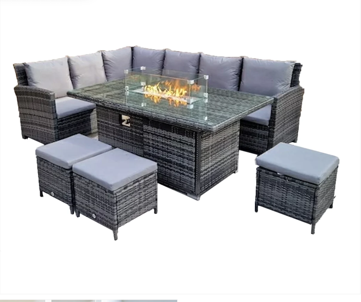 L Shaped 9 Seater Grey Rattan Patio Set With Rectangular Fire Pit Table
