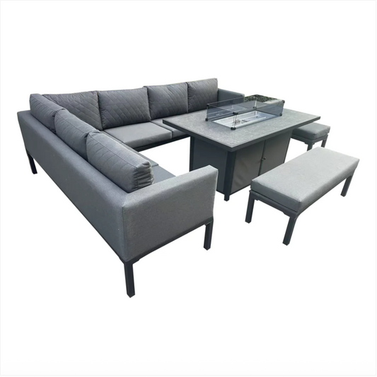 L Shaped 9 Seater Grey Garden Patio Set + Fire Pit Table