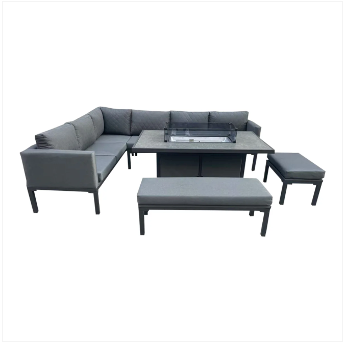 L Shaped 9 Seater Grey Garden Patio Set + Fire Pit Table