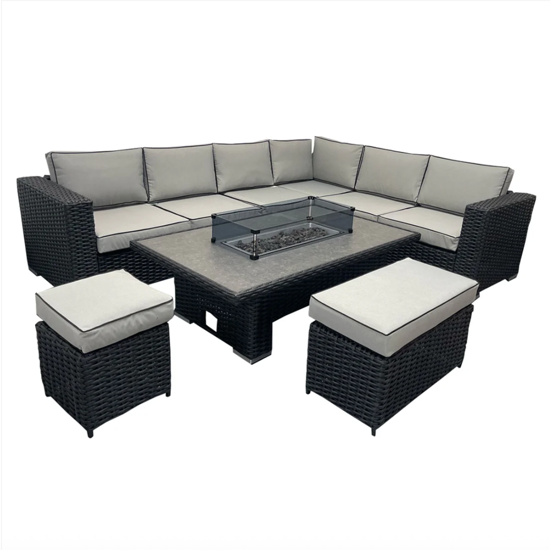 L Shaped 9 Seater Black Rattan Patio Set With Fire Pit Table