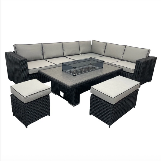 L Shaped 9 Seater Black Rattan Patio Set With Fire Pit Table