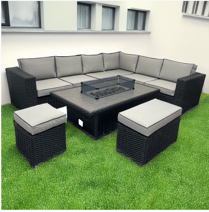 L Shaped 9 Seater Black Rattan Patio Set With Fire Pit Table