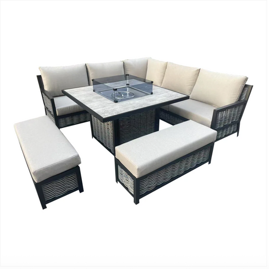 L Shaped 9 Seater Beige Rattan Patio Set With Square Fire Pit Table