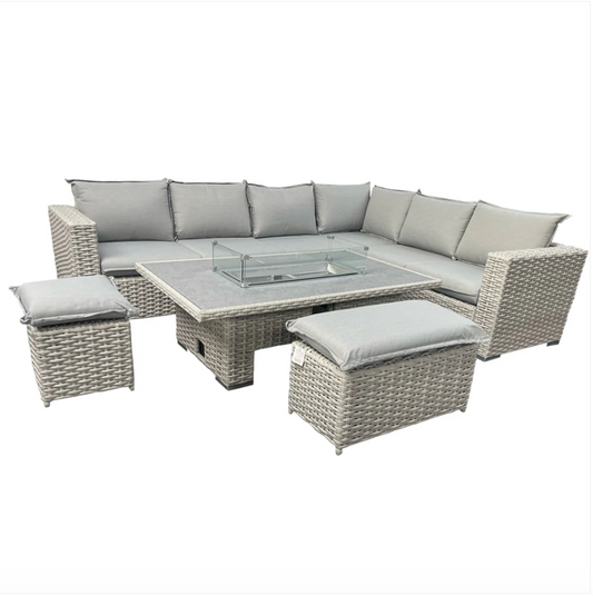 L Shaped 9 Seater Grey Rattan Patio Set With Fire Pit Table