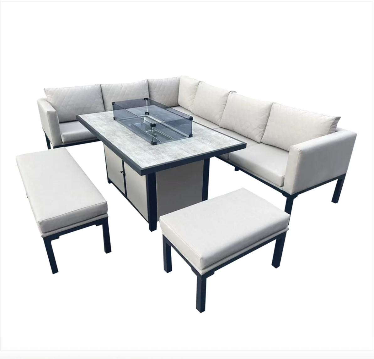 L Shaped 9 Seater Beige Garden Patio Set + Fire Pit Table