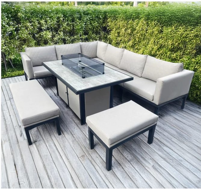 L Shaped 9 Seater Beige Garden Patio Set + Fire Pit Table