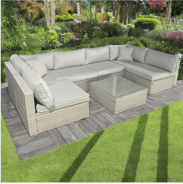 Rattan U Shaped Grey Sofa + Glass Coffee Table