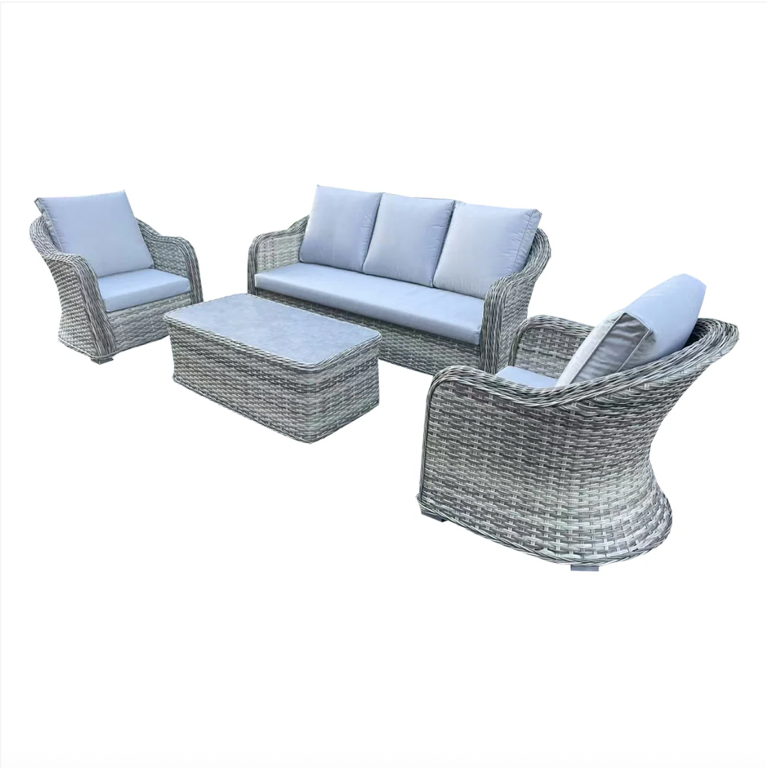 4 Piece Grey Rattan Lounge Set With Glass Top Coffee Table